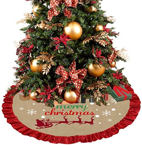 חצאית עץ חג המולד | חצאית עץ יוטה גדולה בגודל 48 אינץ 'עם עיצוב פרע אדום | קישוטים לחצאית עץ חג שמח | קישוטי משרד החג של חג המולד | קישוטים חיצוניים מקורה לחג המולד